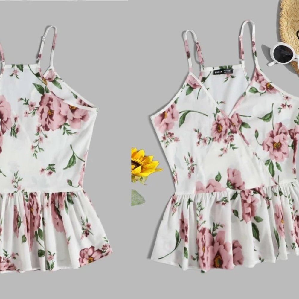 🌹 Floral Surplice Front Peplum Cami Top
